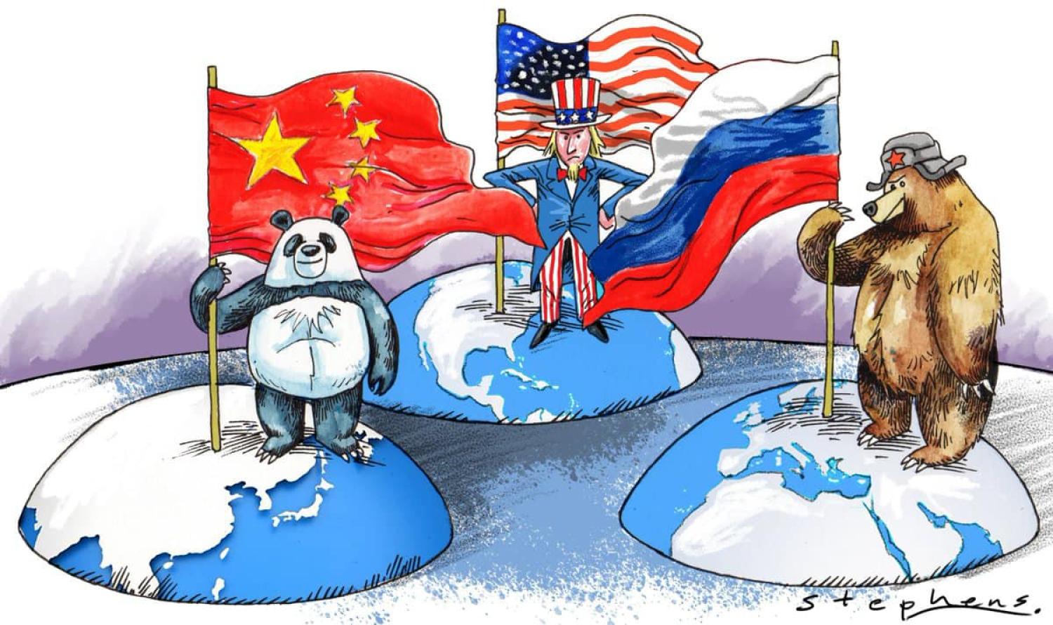 Cartoon drawing showing three characters standing on their global regions holding flags. One is the flag of China held by a panda bear; one is a flag of the European Union held by a large brown bear; and one is the USA flag held by Uncle Sam.