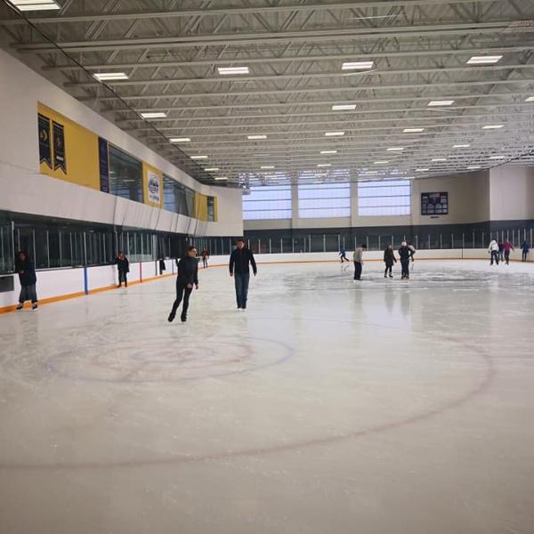 Distant shot of group of grad students skating