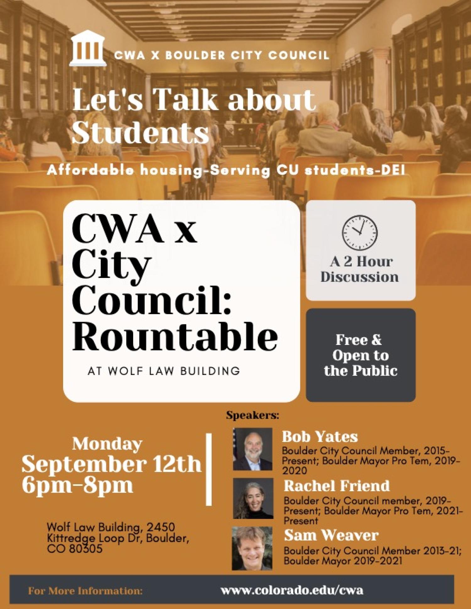 Poster with information about CWA City Council Roundtable on September 12 from 6-8pm in the Wolf Law Building