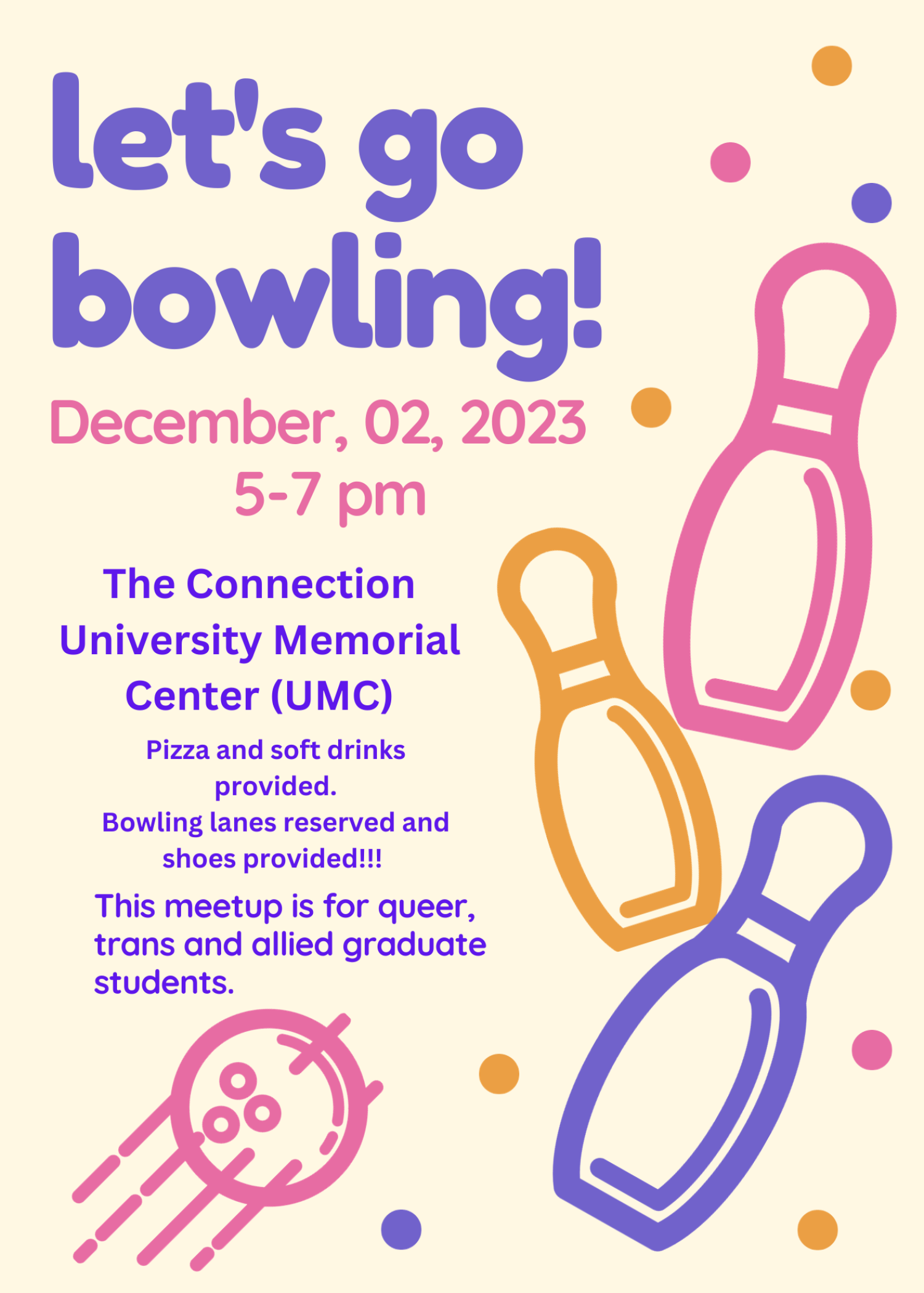 bowling flyer 12/2/23 from 5 to 7pm in the UMC connection
