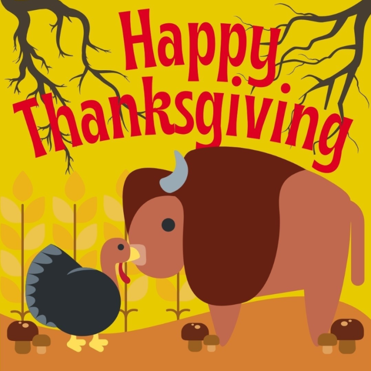 buffalo and turkey on yellow background with "Happy Thanksgiving" in red text