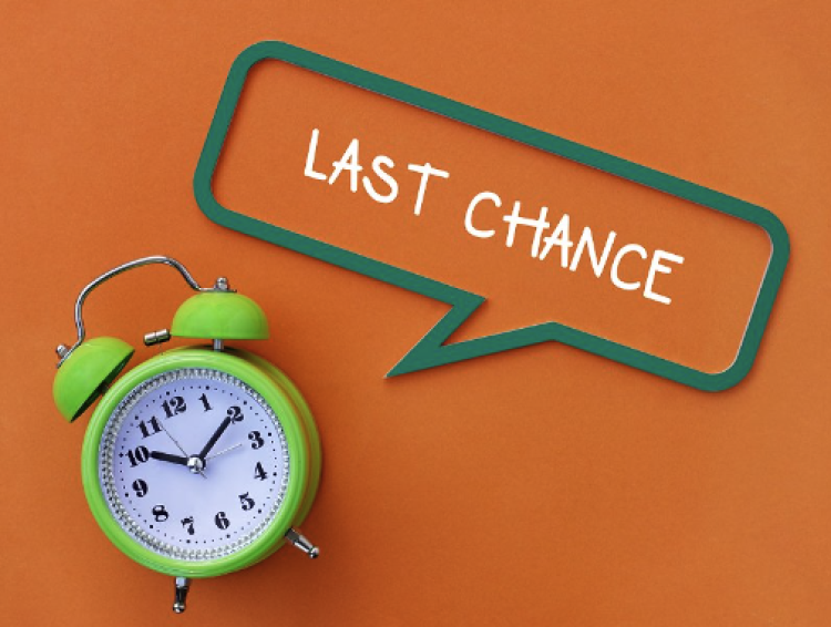 image of a clock with a speech bubble that says "Last Chance"