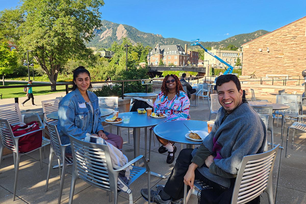 Peer meet and greet outside of the UMC with the Flatirons behind