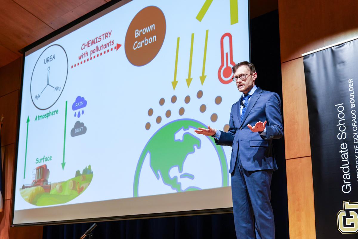 Zach Schiffman presenting during the 2023-24 3MT finals competition