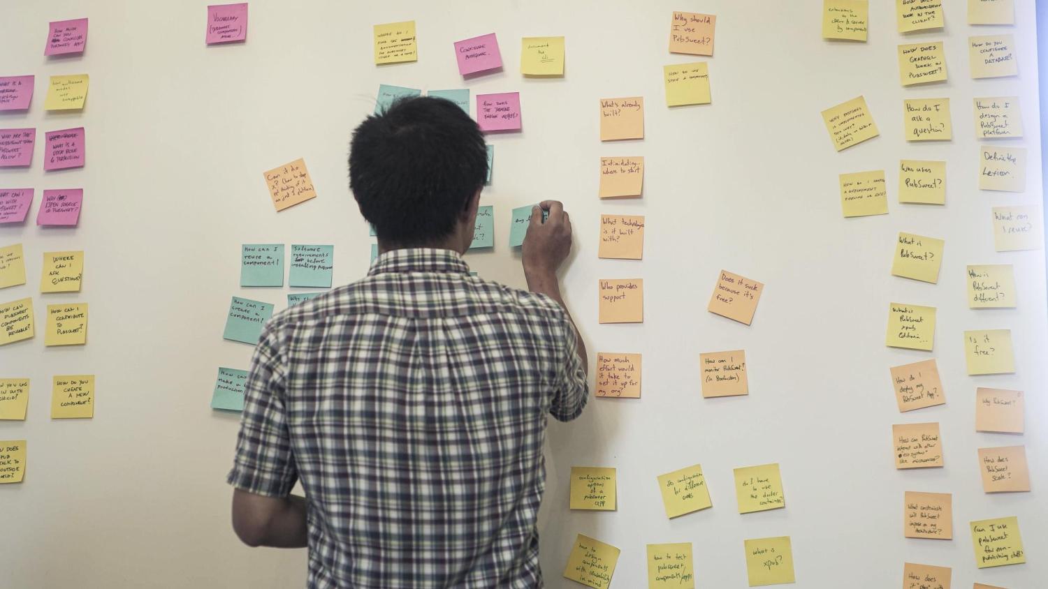 A man in front of a wall full of sticky notes