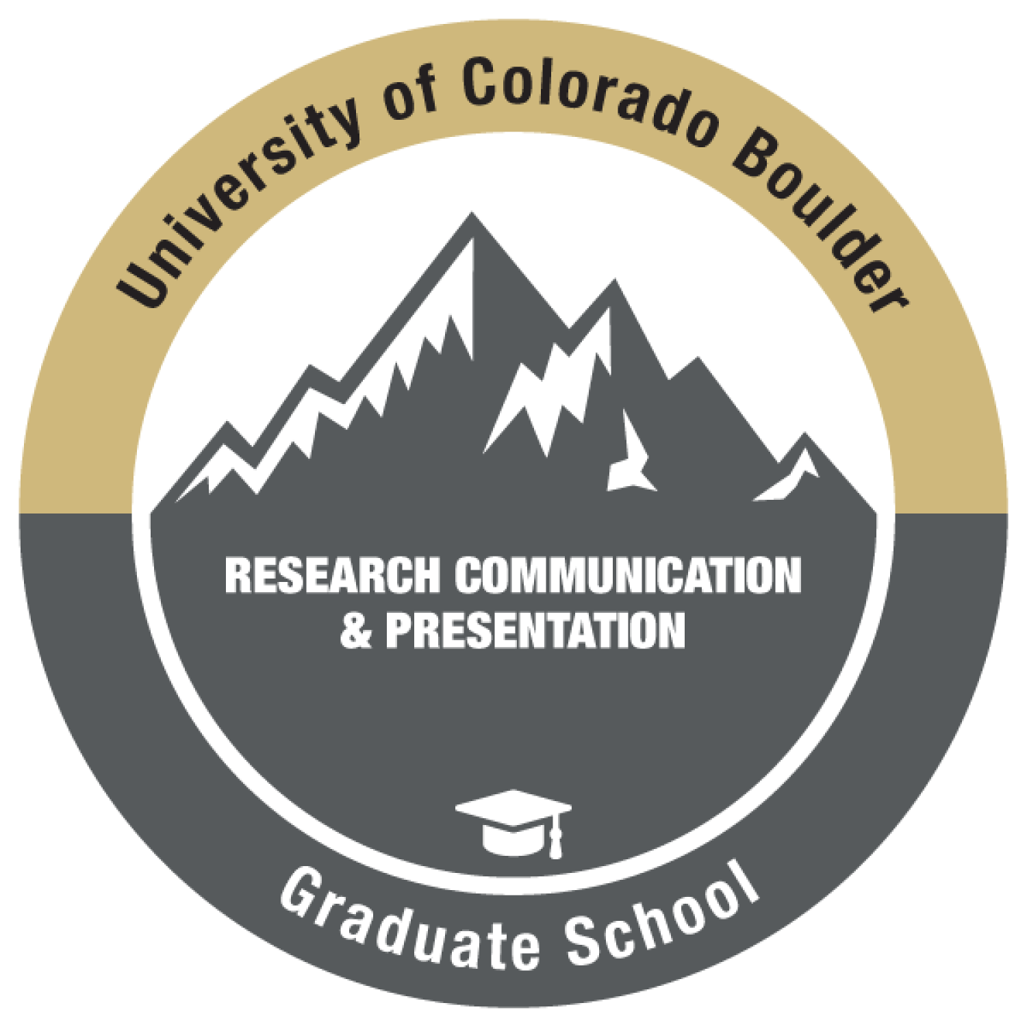 Graphic of research communication and presentation badge showing mountains and CU branding
