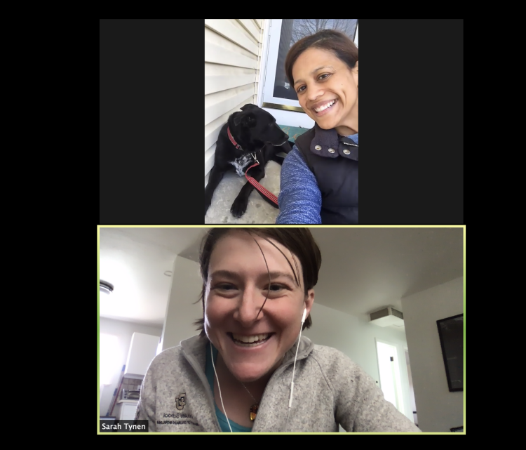 Sarah chats on Zoom with her friend and her dog