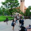 Students walking out of Eaton Hall during the first day of classes.