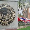 University seal outside of Macky Auditorium in the Norlin Quad