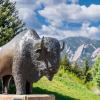 Ralphie statue with the Flatirons in the background