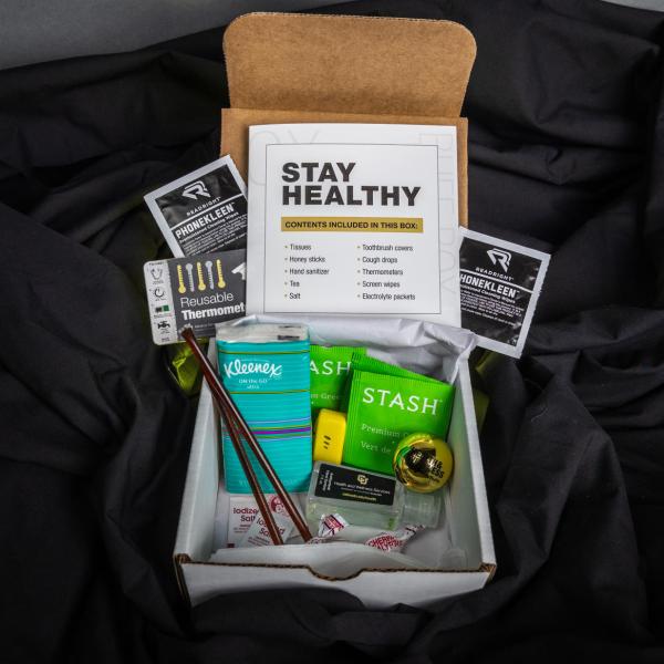 Photo of a buff box with health supplies inside.