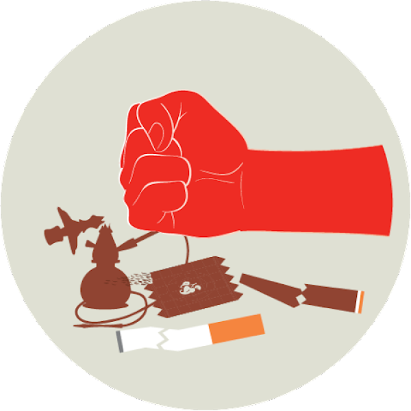 Graphic of WHO Quit app with a fist smashing nicotine products.