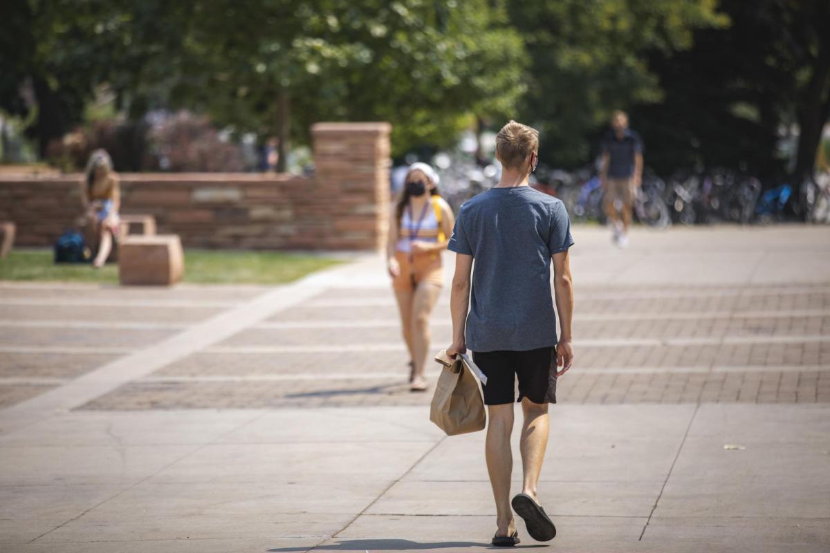 student walking away from a crowd
