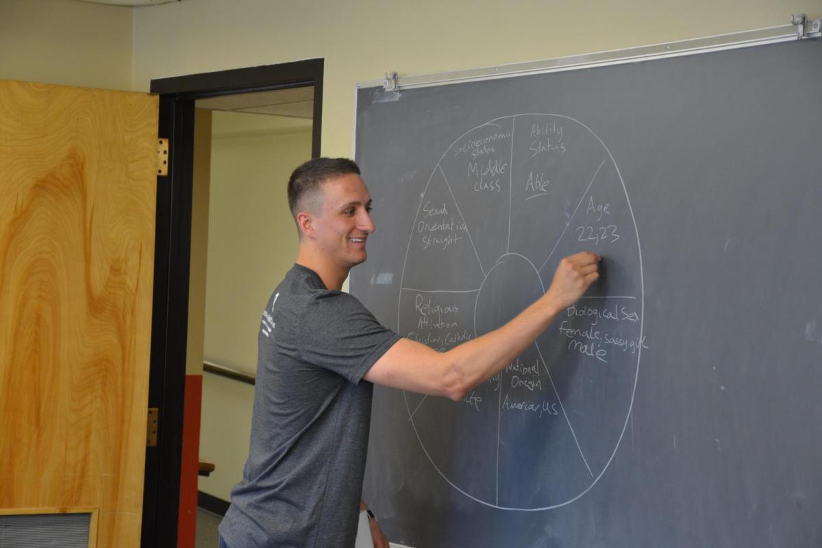 student writing on chalk board