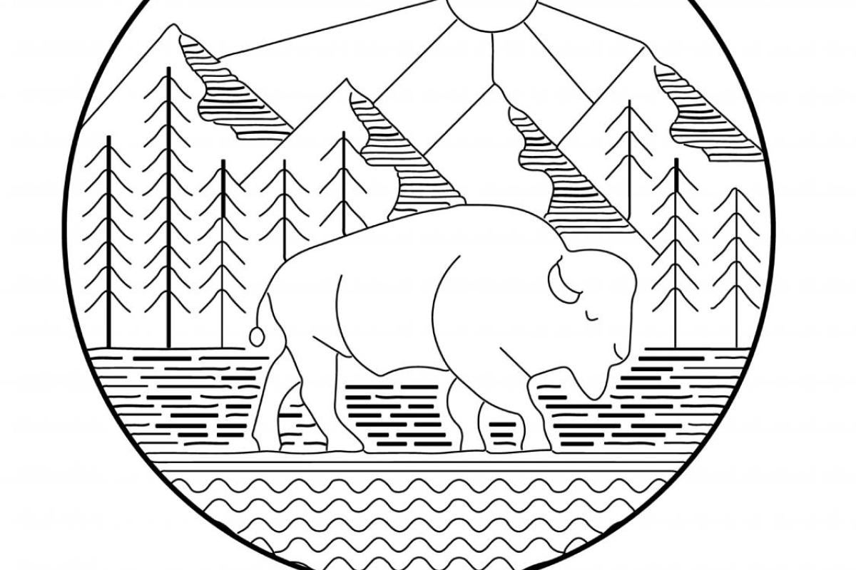 Coloring page with patch design buffalo walking through forested area