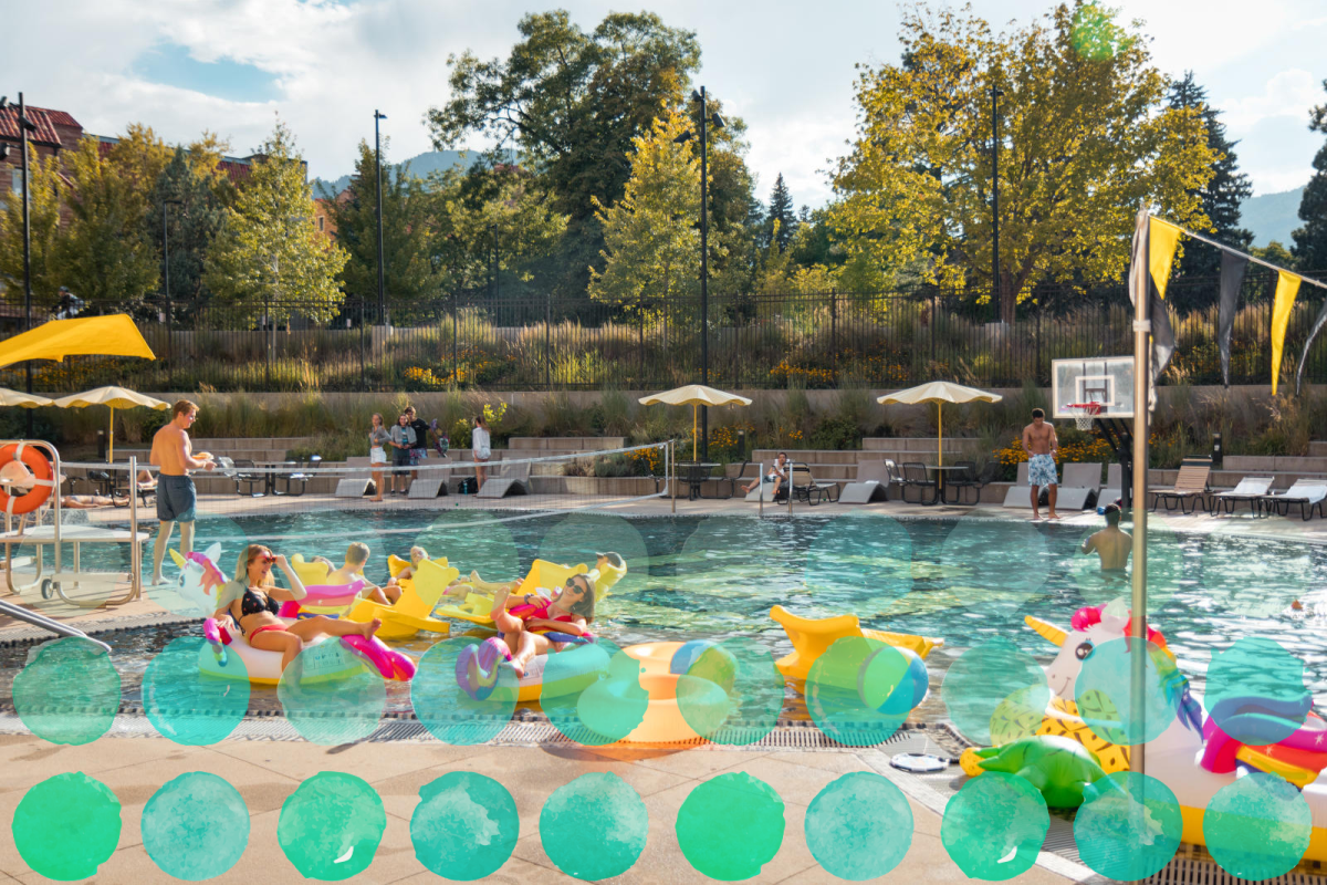 Photo of students enjoying time at the buff pool on a nice day.