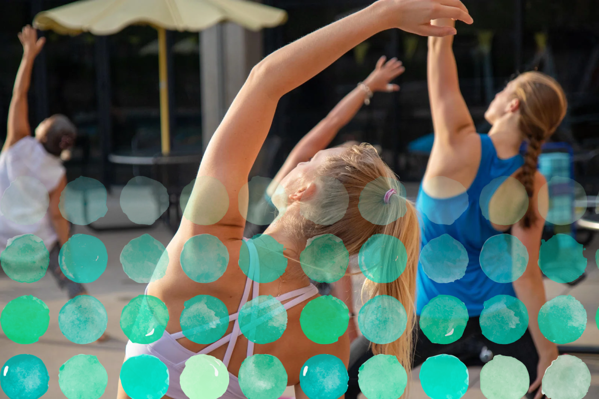 Photo of a group yoga class.