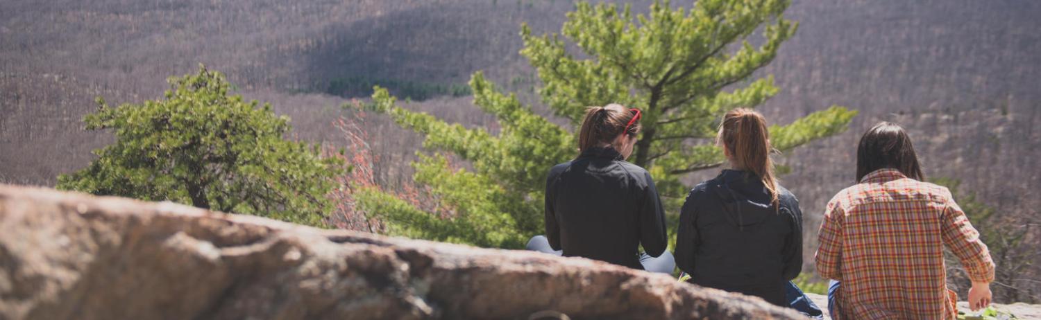 students sitting outside on a rock