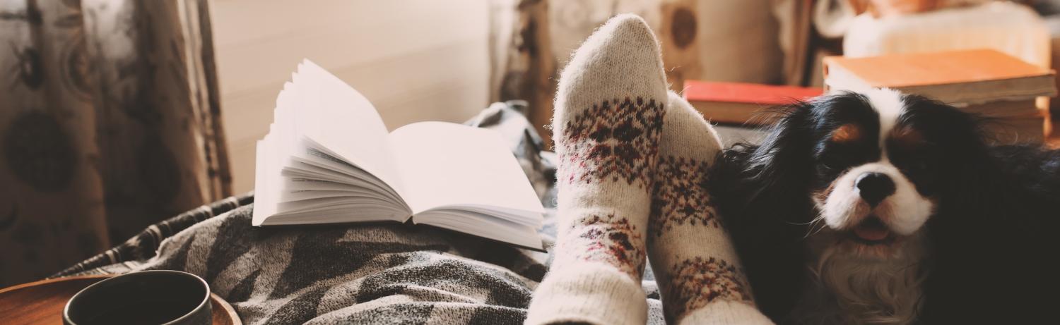 Photo of a person snuggled up with a dog, a book and cozy socks.