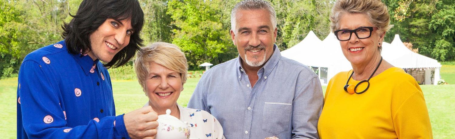 Hosts of the great british baking show: Noel Fielding, Sandi Toksvig, Paul Hollywood, Prue Leith