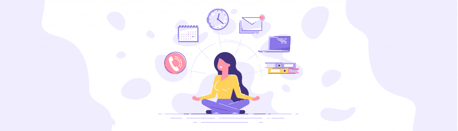 Illustration of a woman in the lotus pose with different icons floating above her. 