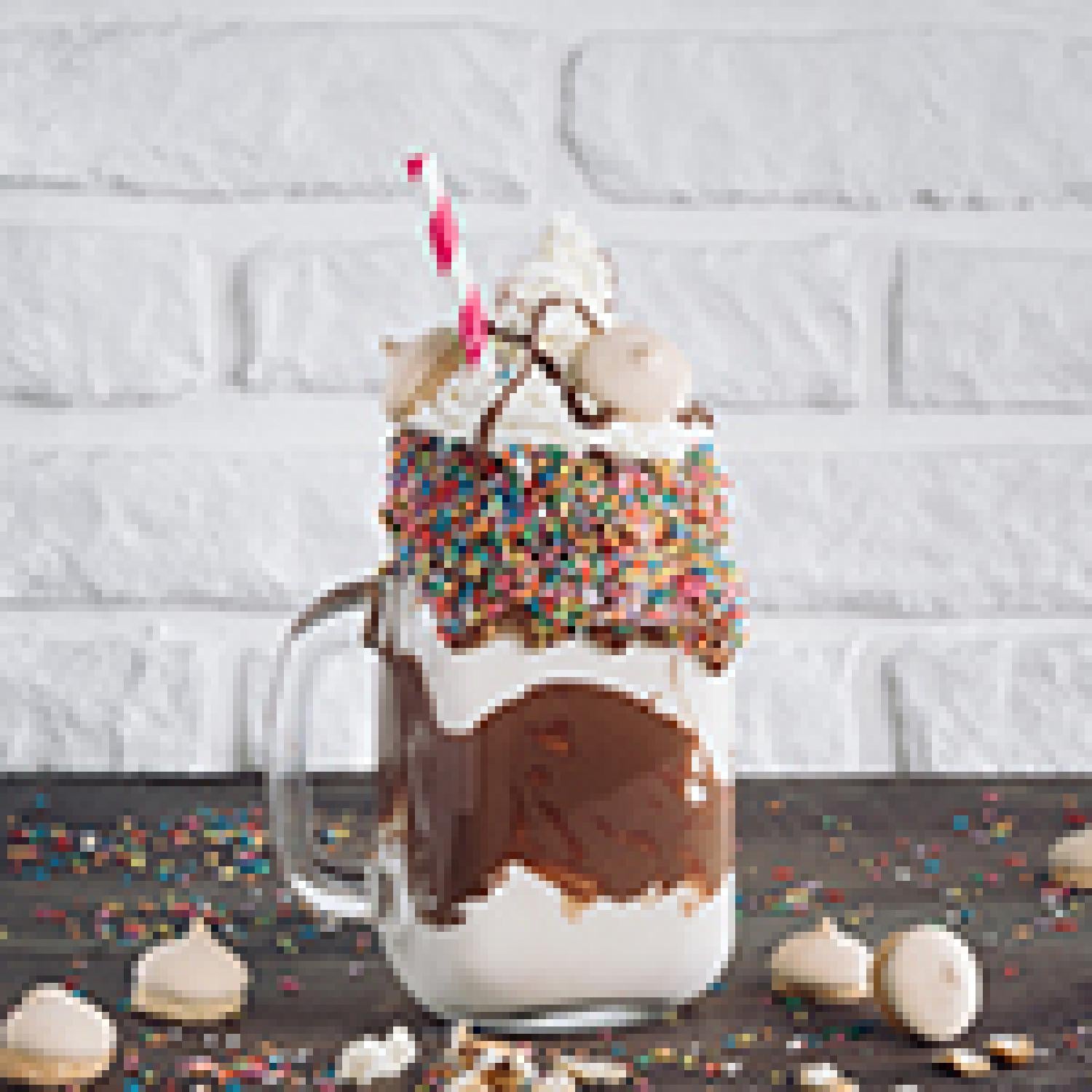 Mason jar filled with ice cream, syrup and sprinkles on a table with cookie crumbles.