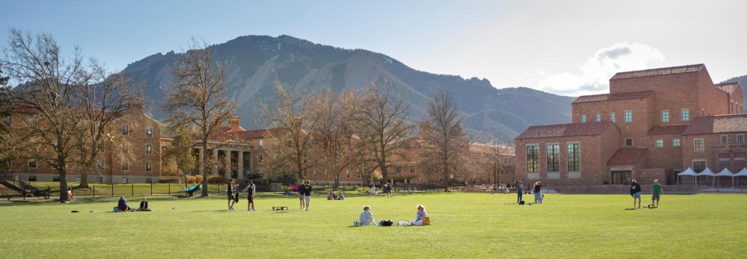 Panoramic view of farrand field with students hanging out outside.