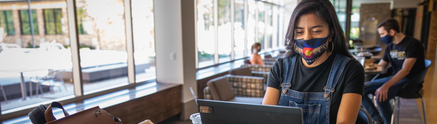Female student wearing a mask working on her laptop.