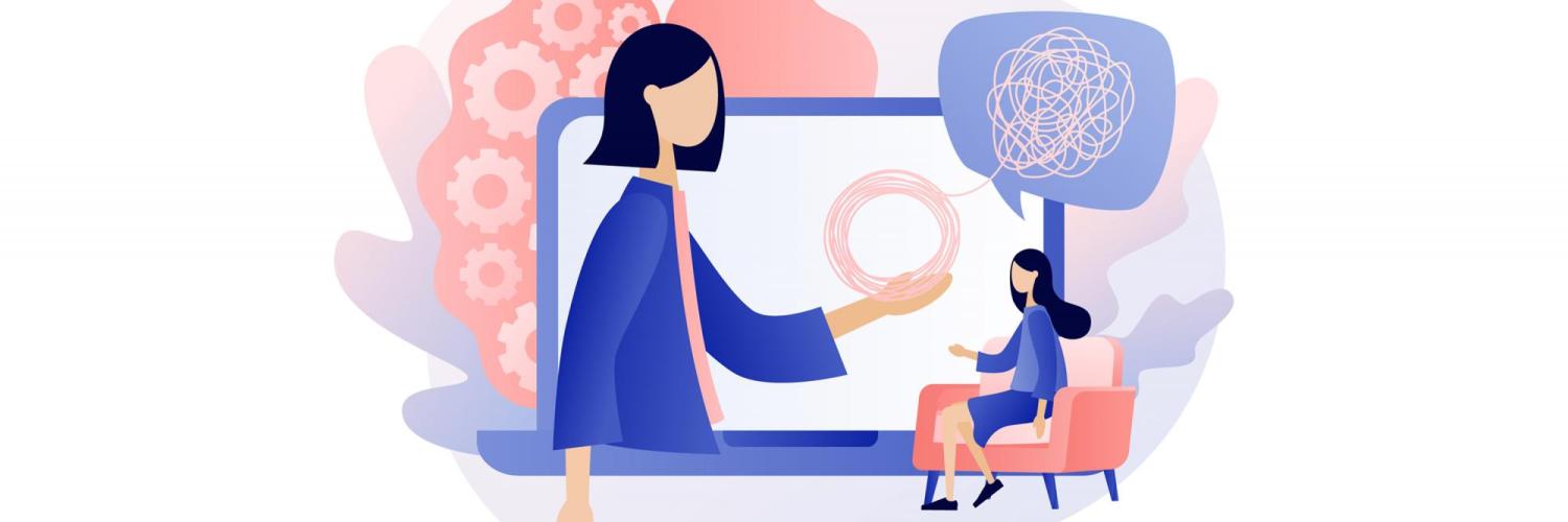 Illustration of a woman sitting in a chair while a counselor appears on an over-sized computer screen.