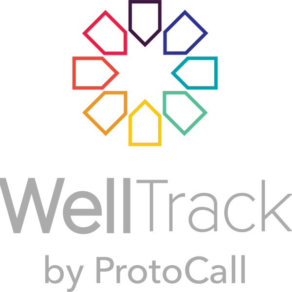 Graphic of the WellTrack logo featuring a rainbow flower design.