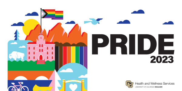 Graphic of Pride 2023: At CU We See You with colorful illustrations of various campus landmarks.