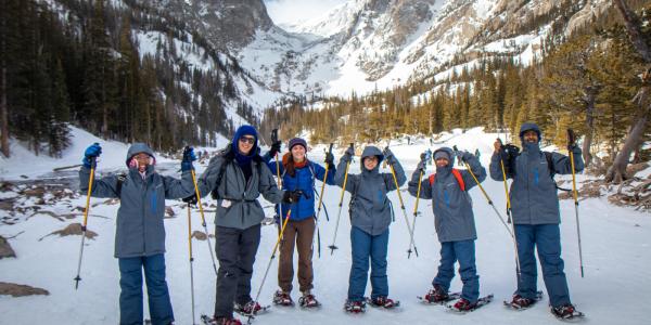 Photo of students snowshoeing around rocky mountain national park.