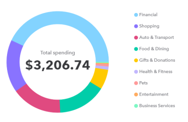 Pie chart showing spending based on categories like shopping, auto, food and dining, etc.