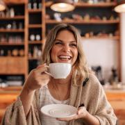 Photo of a young woman holding up a coffee while smiling.