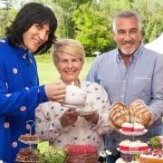 Hosts of the great british baking show: Noel Fielding, Sandi Toksvig, Paul Hollywood, Prue Leith