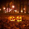Photo of two jack-o-lanterns lit up at night surrounded by fall leaves.