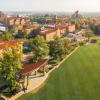 Panoramic aerial photo overlooking Farrand Field and the surrounding buildings on campus.