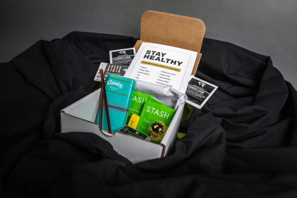 Photo of a buff box full of cold care supplies.