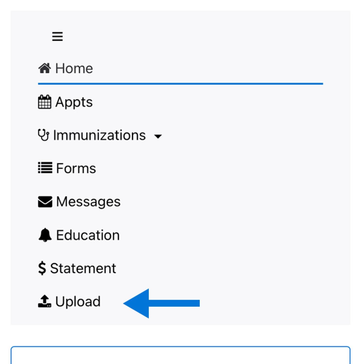 menu displayed with an arrow pointing at upload