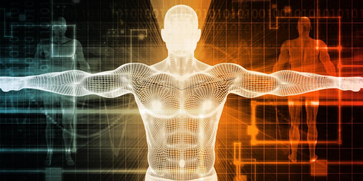 An abstracted human form in wireframe, with arms stretched wide