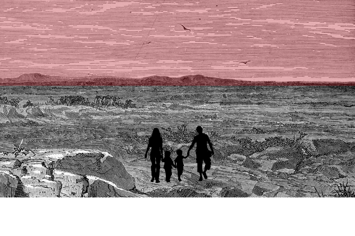 Silhouettes walk across a desert