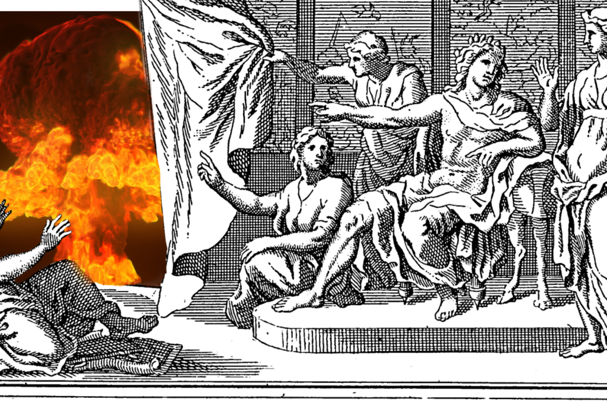 classical philosophers looks on at the atom bomb