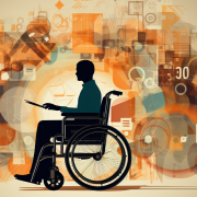 A person in a wheel chair surrounded by mathematical looking illustration