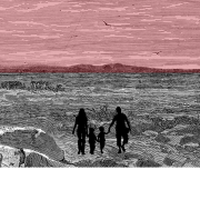 Silhouettes of people walking through a desert with a red sky