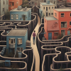Person walks through a maze separating them from houses