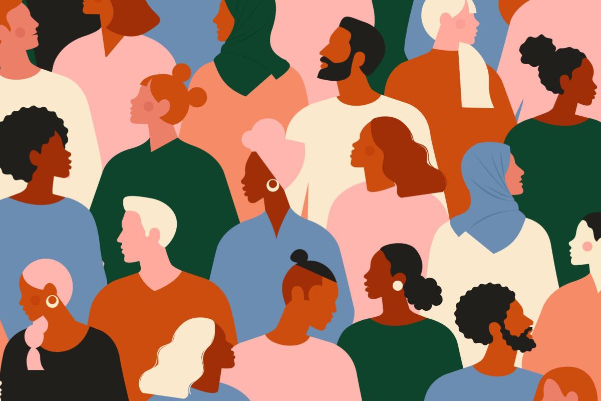 Decorative mural showing people of diverse skin colors and hairstyles.