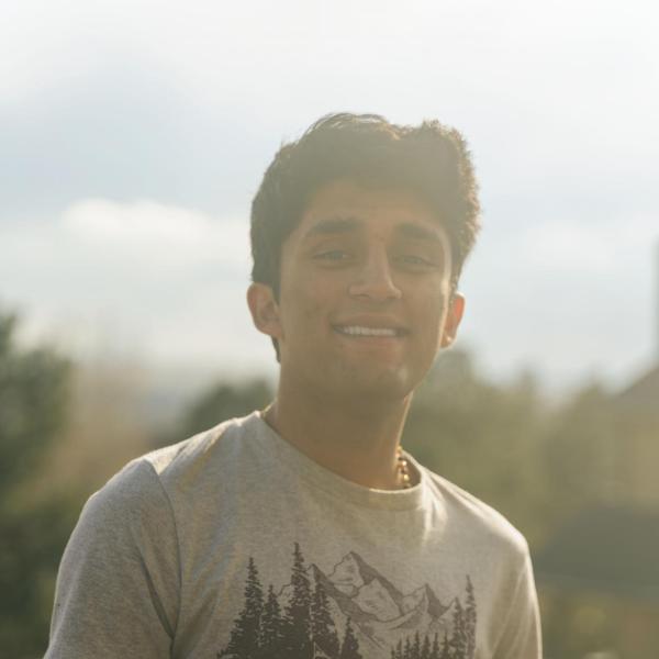 Ansh Desai stands in front of a wooden rail. 