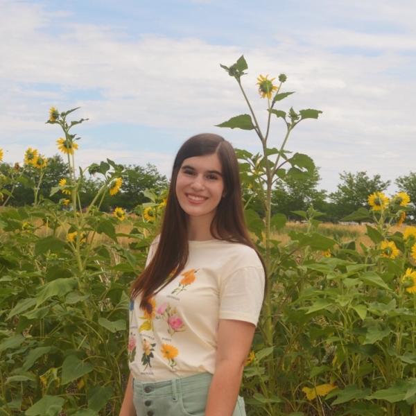 Cameron Mitchell stands in front of a garden of sunflowers.