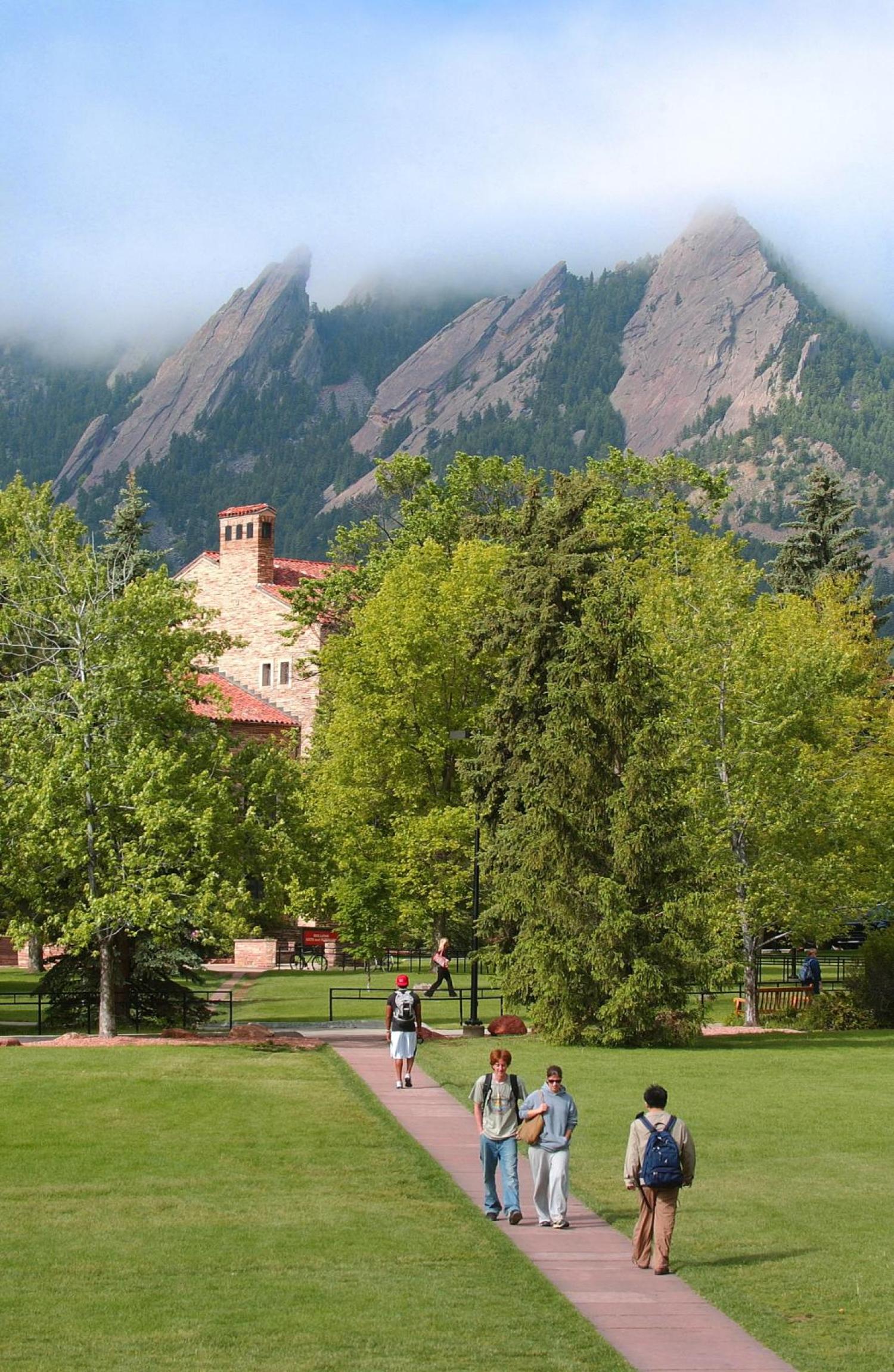 Campus quad with flatirons in background