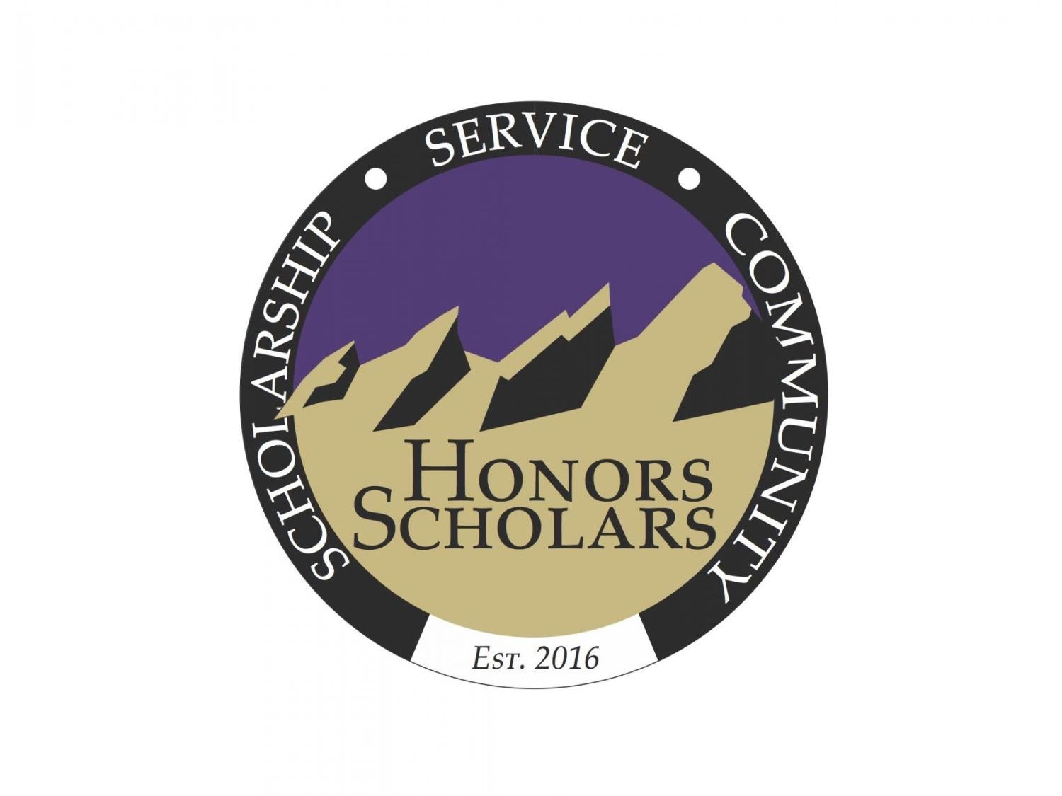 Honors Scholars seal stating "Scholarship, Service, Community, established 2016"